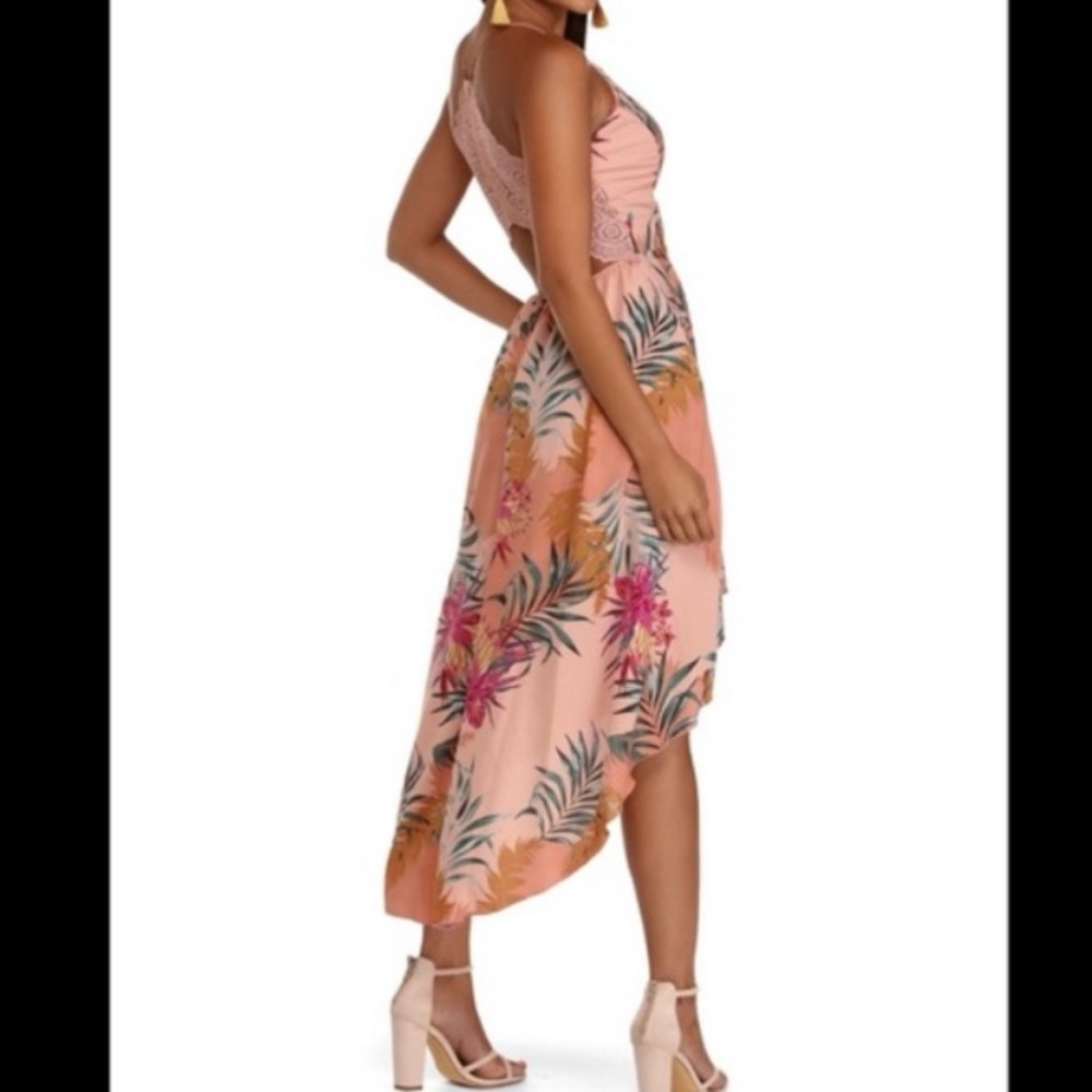 WINDSOR Tropical Lace Back High Low Deep V-Neck Dress—SZ. Small - Picture 3 of 16